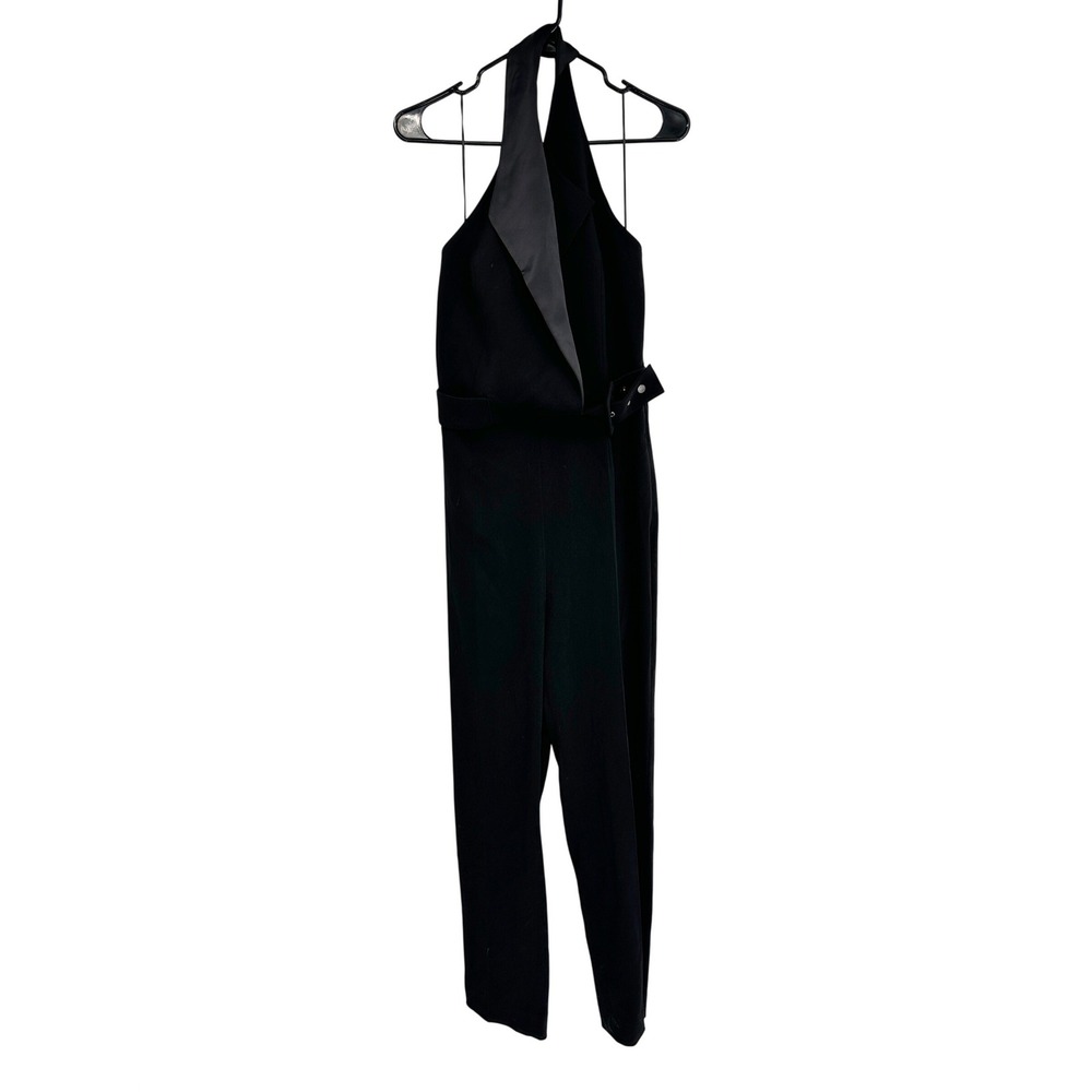 Reiss Belinda Tuxedo Halter Jumpsuit 10 Black Satin Lapel Evening Wear - Picture 2 of 6